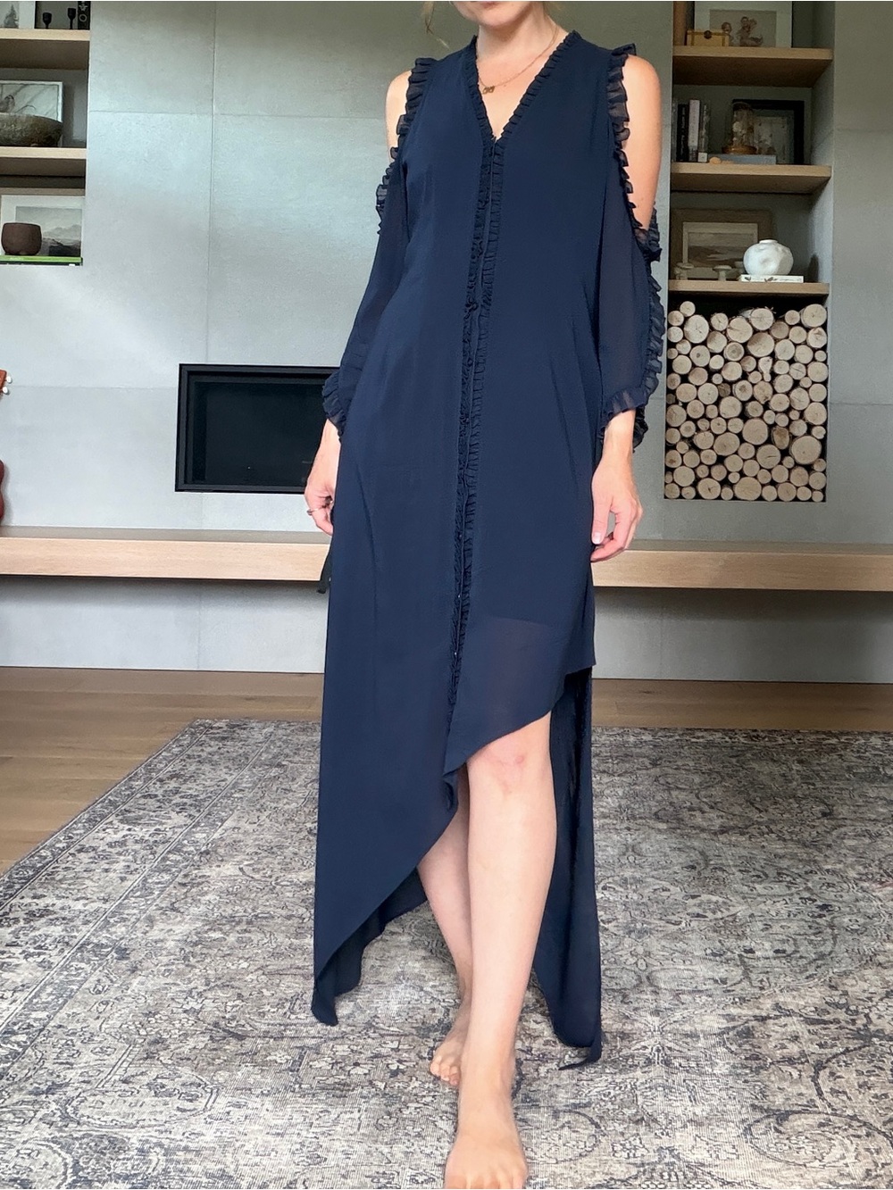 Alice + Olivia Silk Fairycore Navy Asymmetric maxi Dress small whimsy